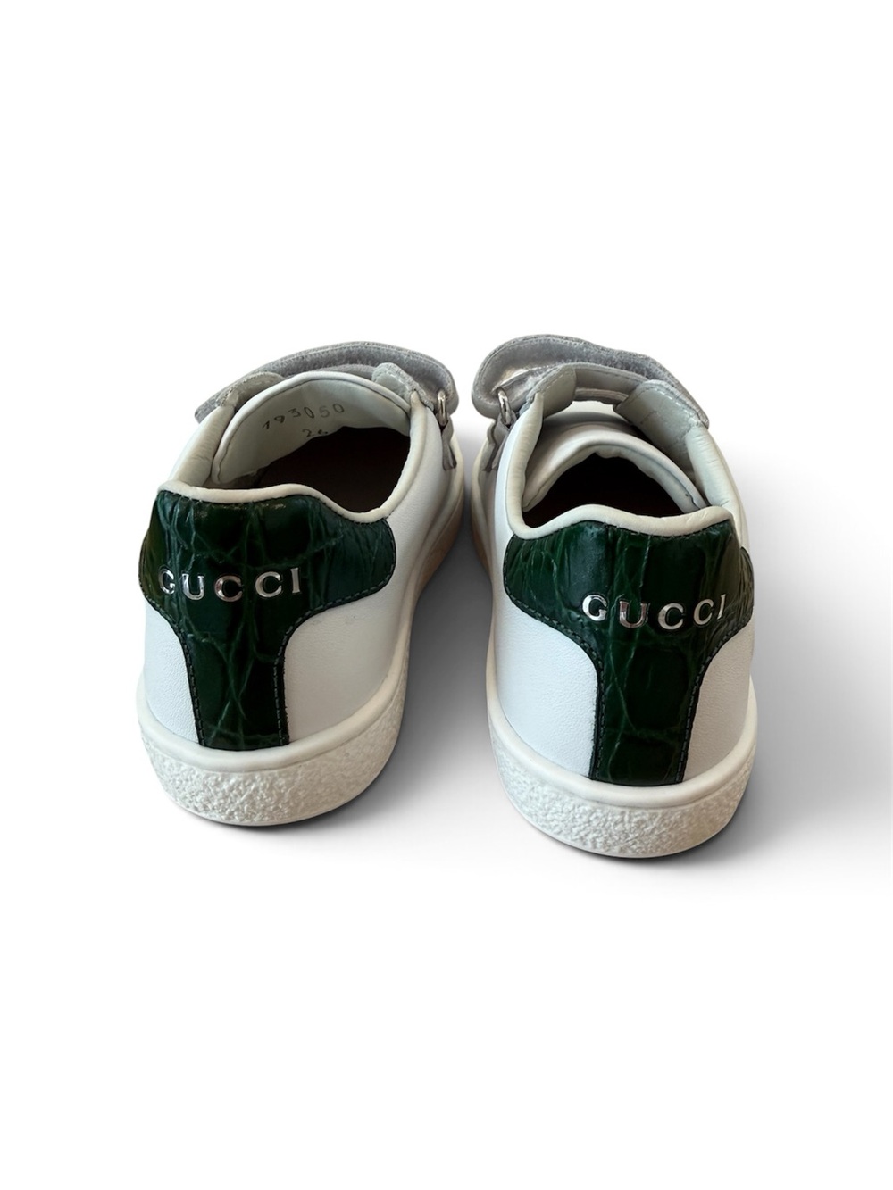 Gucci Kids White Leather Sneakers with Dark Green Heel Tab